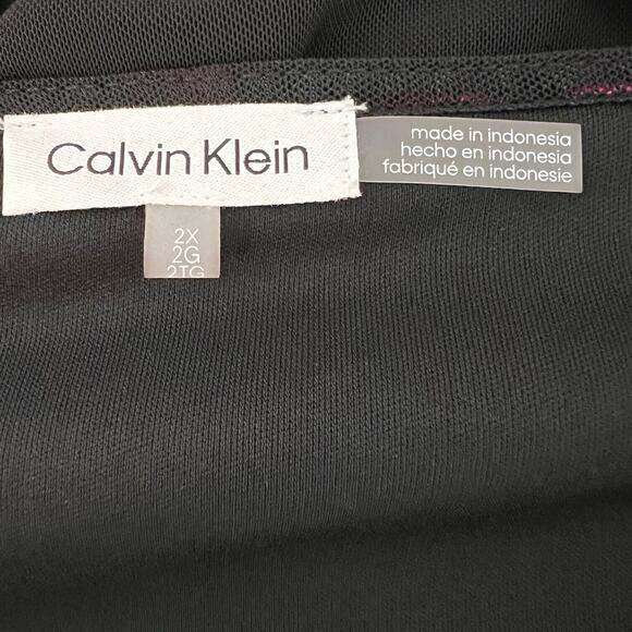 Calvin Klein Plus Size 2X Floral Print Mesh Asymmetric V-Neck 3/4 Sleeve Ruched - Picture 6 of 8